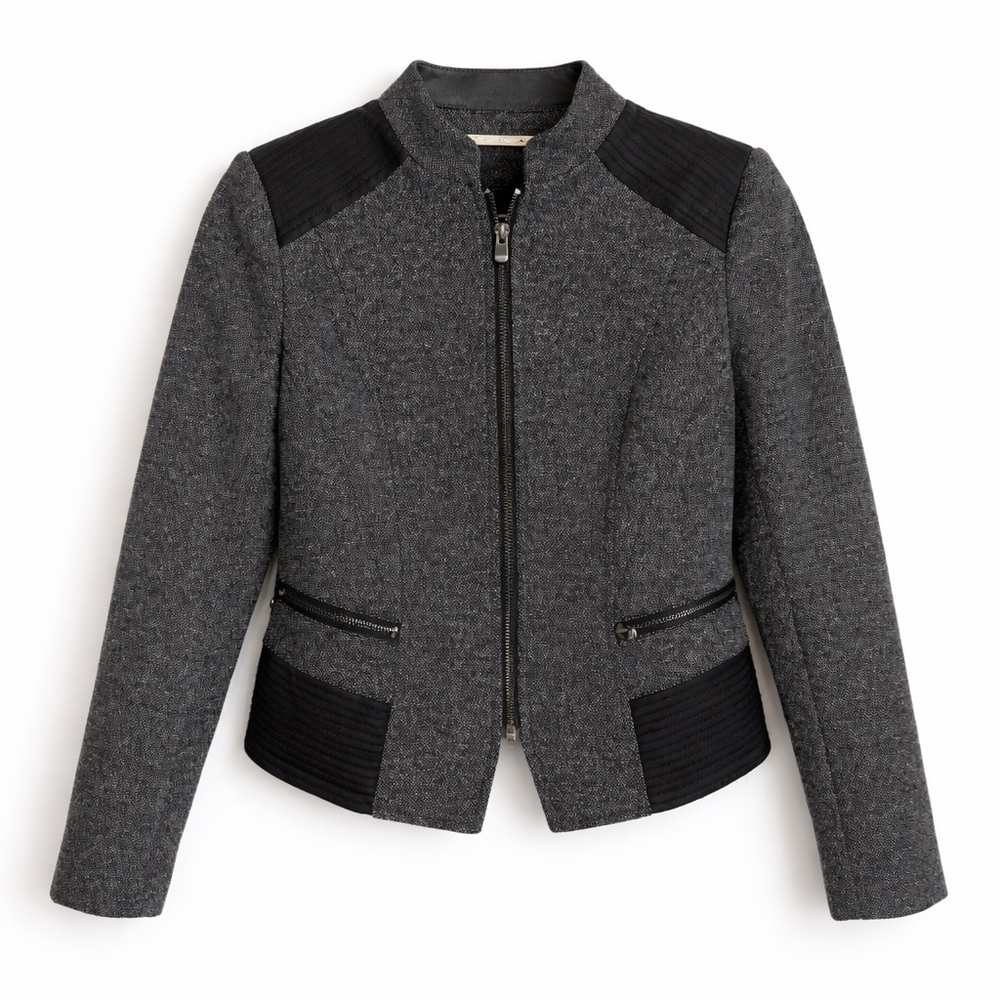 White House Black Market Moto Jacket Size 0 Black Tweed Zip Front Fitted